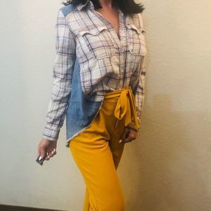 🛒{Free People} western plaid denim hi low shirt XS